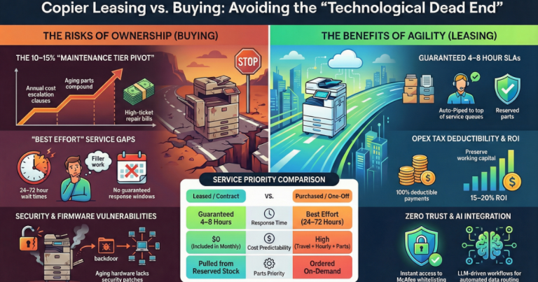Infographic comparing copier ownership risks versus leasing benefits like guaranteed 4-8 hour SLAs for offices at 807 Pressley Rd, Charlotte, NC.