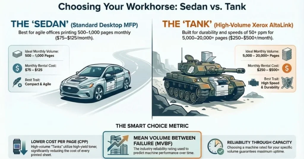 A visual comparison for Charlotte business owners between compact desktop MFPs and high-volume Xerox AltaLink "tanks" based on monthly page volume.