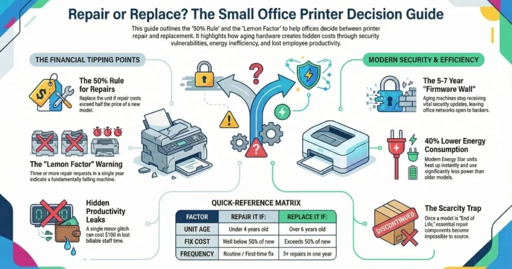 A financial tipping point matrix for Printer Repair in Charlotte businesses, highlighting the scarcity trap and firmware security barriers.