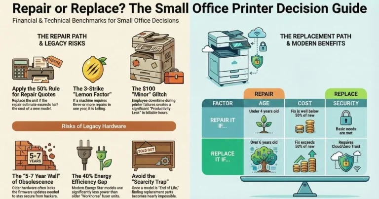 Visual guide for Charlotte offices deciding on Printer Repair, featuring the 50% rule, 3-strike lemon factor, and legacy hardware risks.