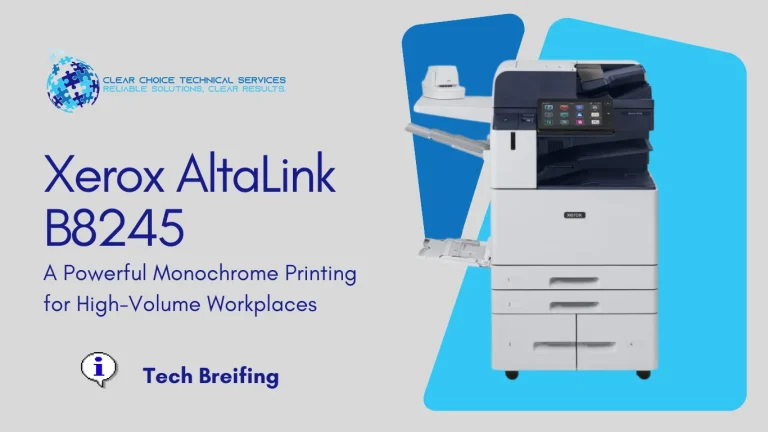 Xerox AltaLink B8245 black-and-white multifunction printer with high-capacity tandem tray and touchscreen at 807 Pressley Rd, Charlotte, NC.
