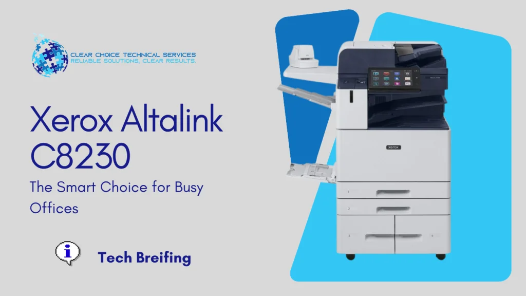 Xerox AltaLink C8230 multi-function printer with high-capacity paper trays and touchscreen, serviced by Clear Choice Technical Services at 807 Pressley Rd, Charlotte, NC.