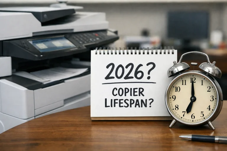 A desktop calendar and alarm clock next to a modern office copier questioning the average machine lifespan for Charlotte businesses in 2026.
