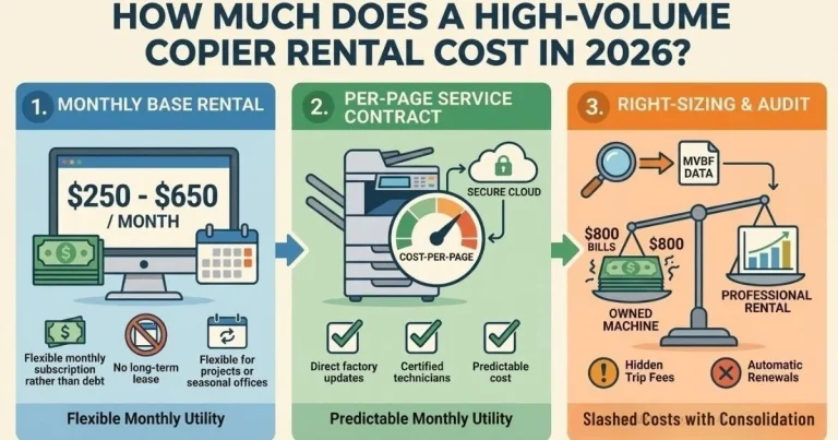 Infographic showing a Charlotte Copier Rental Cost between $250 and $650 per month, featuring flexible monthly subscriptions and no long-term debt.
