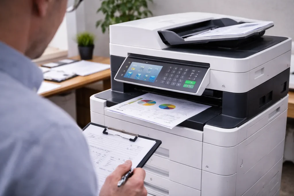 An office worker at 807 Pressley Rd reviewing high-quality color charts from enterprise-grade multifunction copiers.
