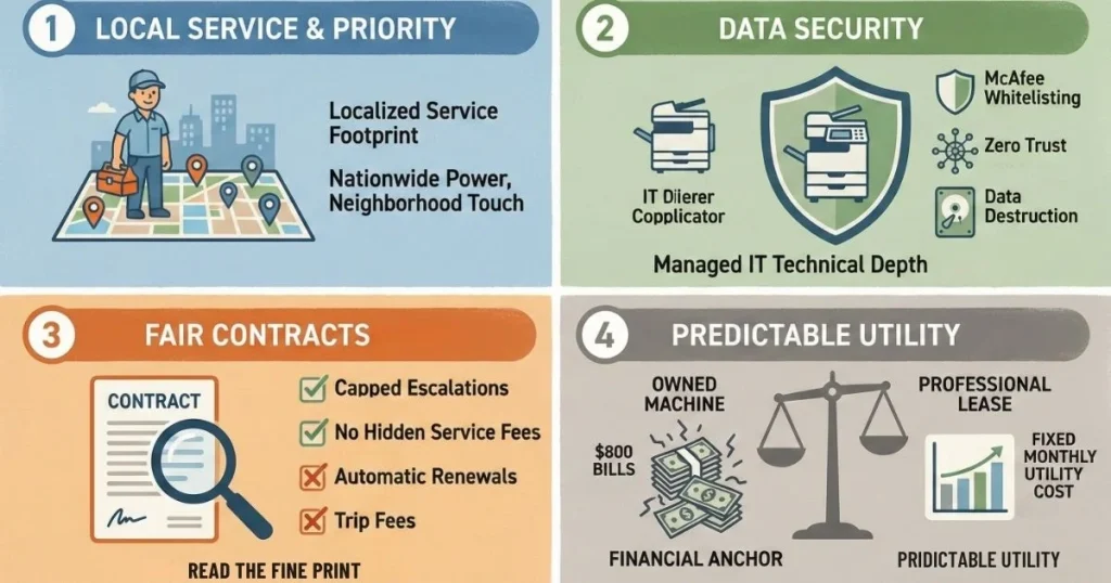 Four-step guide to a Reliable Copier Lease in Charlotte, covering local service footprints, Data Security, Fair Contracts, and Predictable Utility.