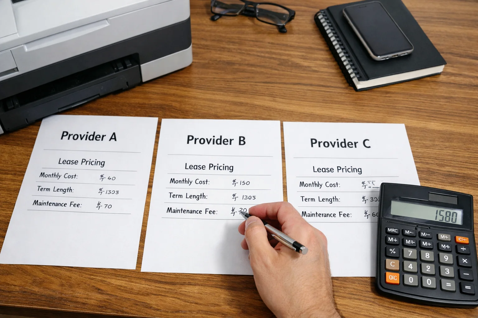 A business professional in Charlotte comparing copier lease pricing quotes from three different providers with a calculator and office hardware.