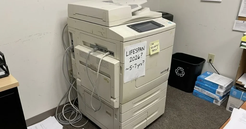 An older Xerox copier in a Charlotte office corner with a handwritten note regarding its 2026 lifespan and security patch requirements.