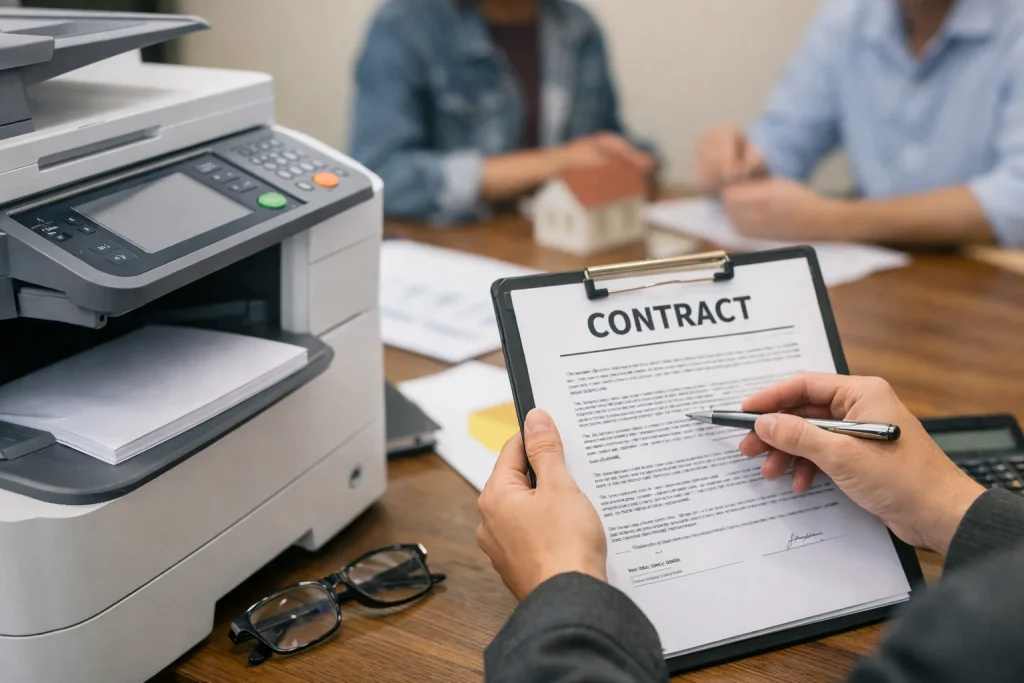 A close-up of a business professional reviewing a Charlotte copier lease contract to avoid traps.