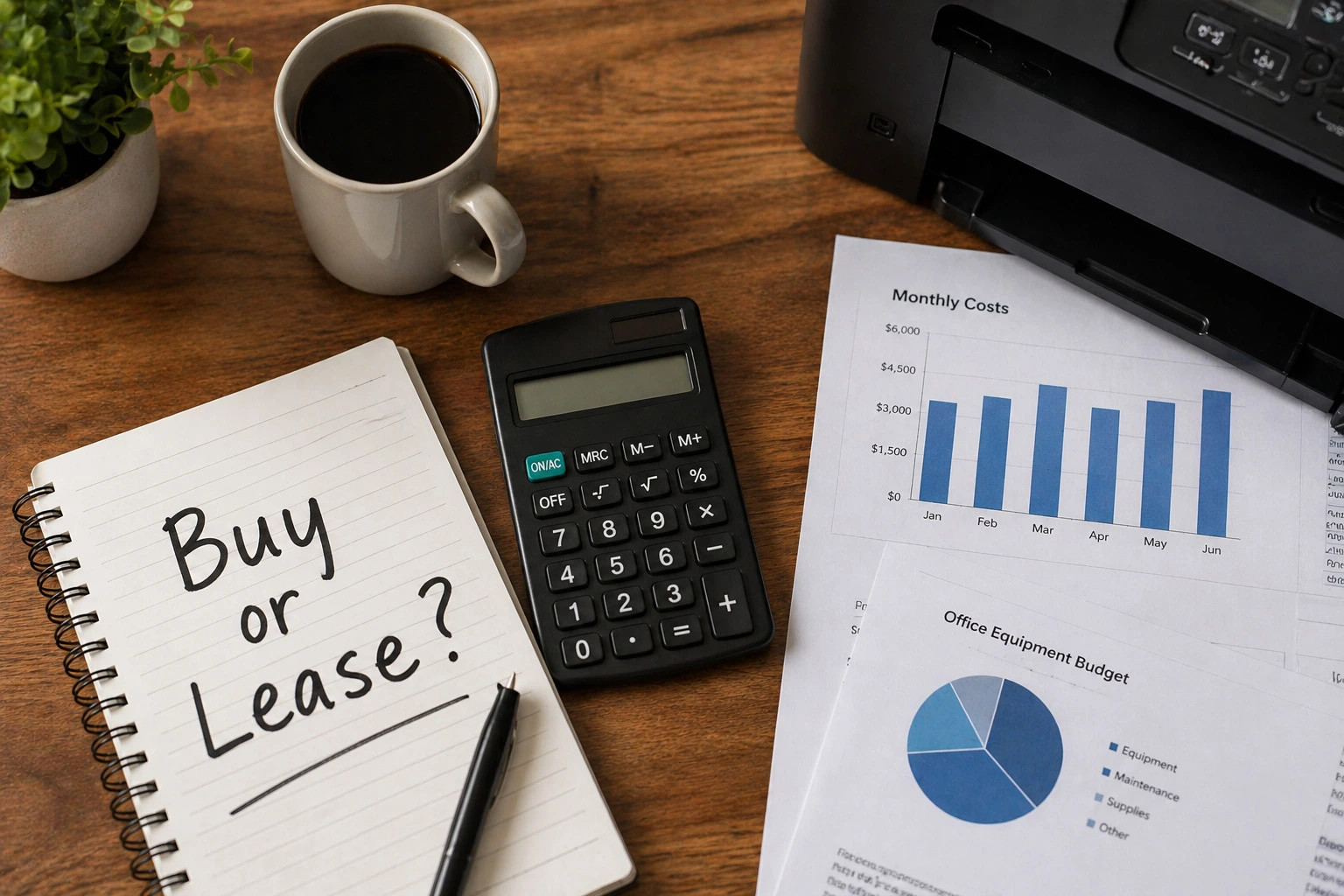Notepad with "Buy or Lease?" written next to monthly cost charts and a printer for Charlotte NC businesses