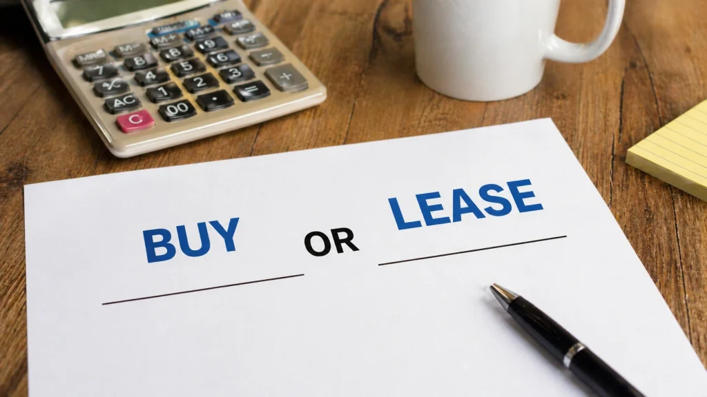 Buy or lease a copier decision document on a desk with a calculator for Charlotte NC businesses