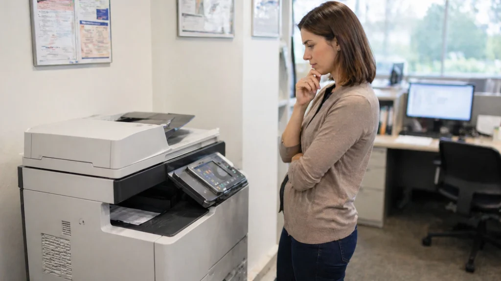 Business woman standing beside an office copier thinking about whether to buy or lease in Charlotte NC