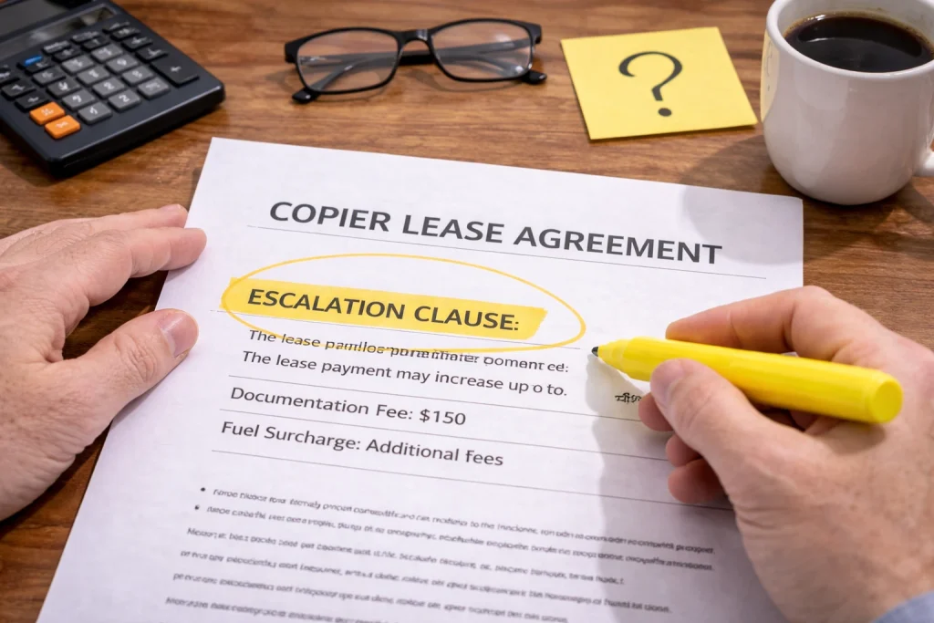 Hand highlighting a clause in a Charlotte Copier Lease Agreement to ensure all terms are understood.