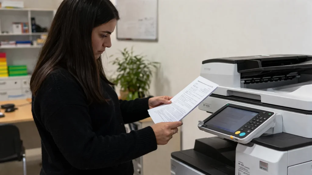 A woman standing by an office copier reviewing a document for Charlotte copier lease traps.