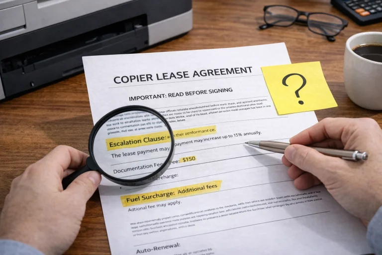 A business owner using a magnifying glass to inspect the fine print of Charlotte Copier Lease Agreements.