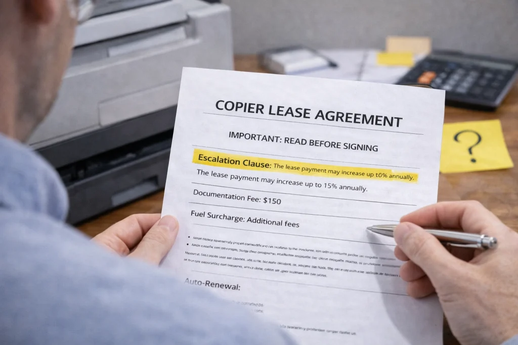 Person reviewing the "Important: Read Before Signing" section of Charlotte Copier Lease Agreements.
