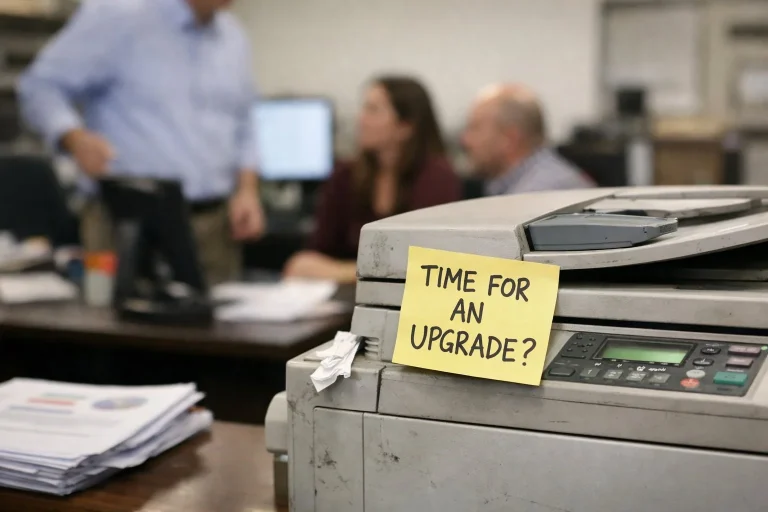A dusty office printer with a yellow sticky note asking "Time for an upgrade?" in a Charlotte office.