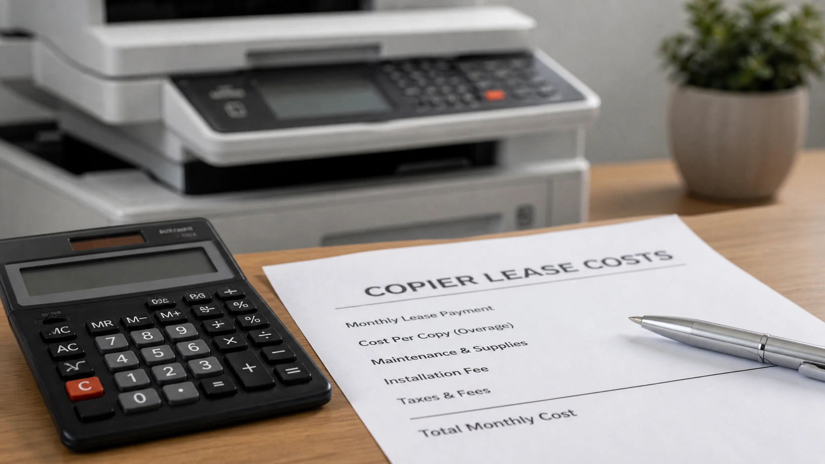 Copier lease costs document showing monthly payment breakdown with calculator and copier for Charlotte NC businesses