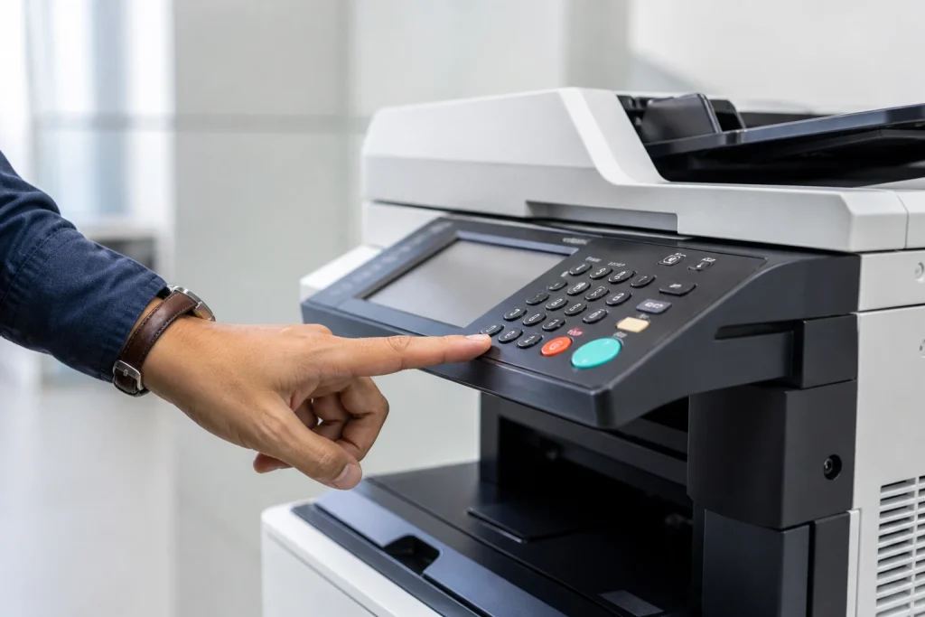 Business person pressing button on office copier control panel for a leased copier in Charlotte NC