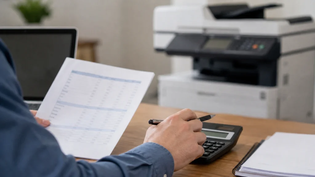 Business owner reviewing financial report with calculator while budgeting for copier lease costs in Charlotte NC