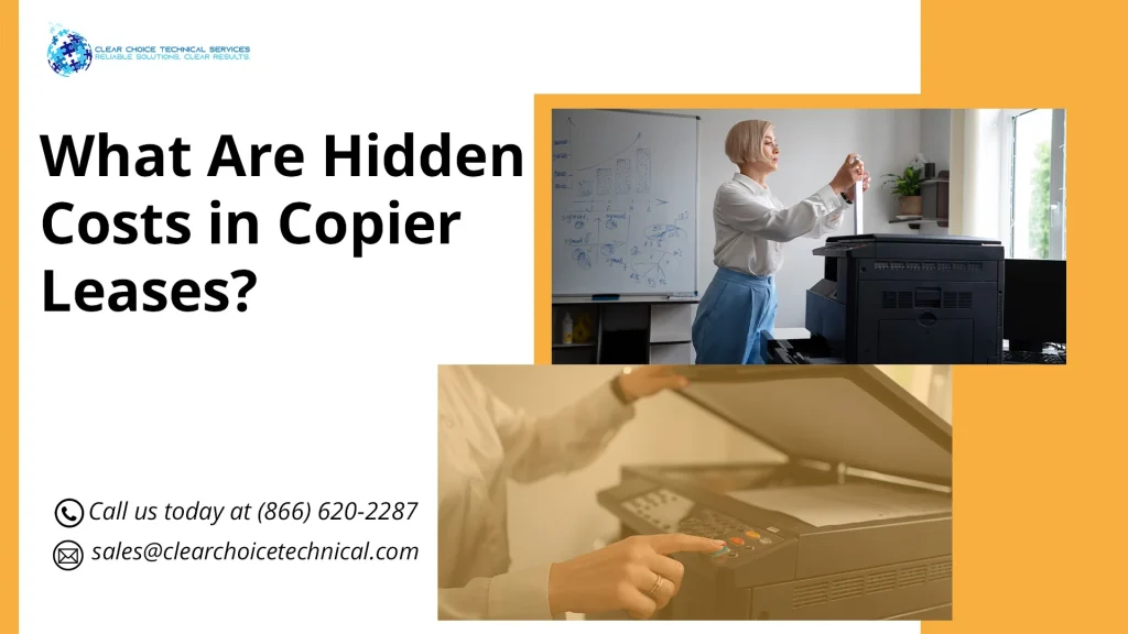 What are hidden costs in copier leases graphic with businesswoman loading paper and hand pressing copier buttons in Charlotte NC