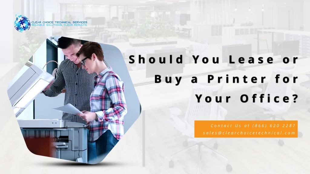 Two Charlotte office employees operating a large leased printer while comparing lease or buy options for their workplace