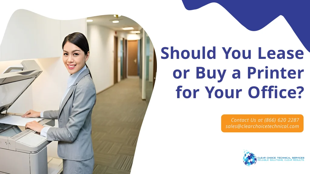 Charlotte office professional operating a multifunction printer while deciding whether to lease or buy a printer for her office