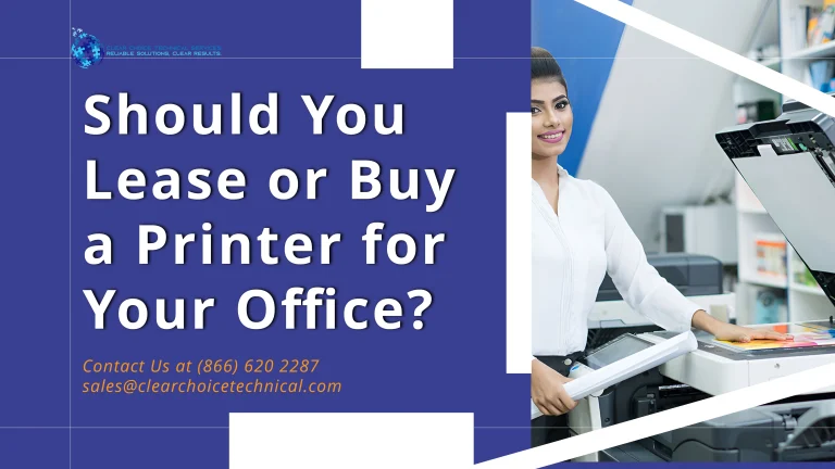 Smiling Charlotte business professional standing beside an office printer after choosing to lease or buy for her office