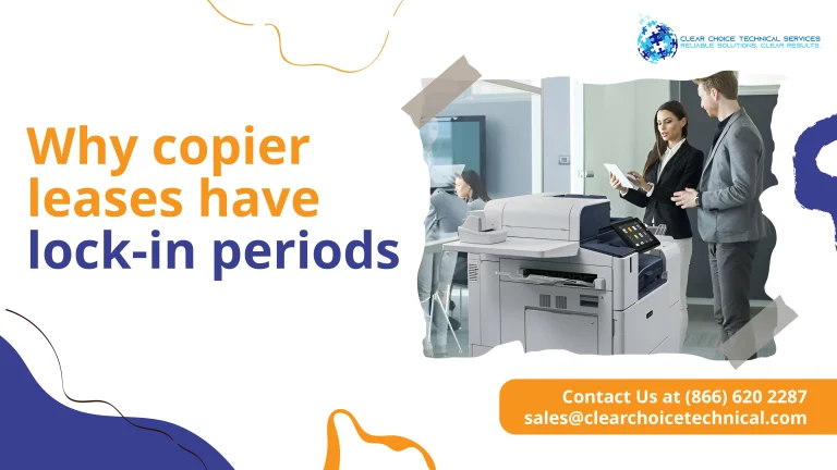 Business banner titled "Why copier leases have lock-in periods" showing a tape-framed photo of office workers next to a printer.